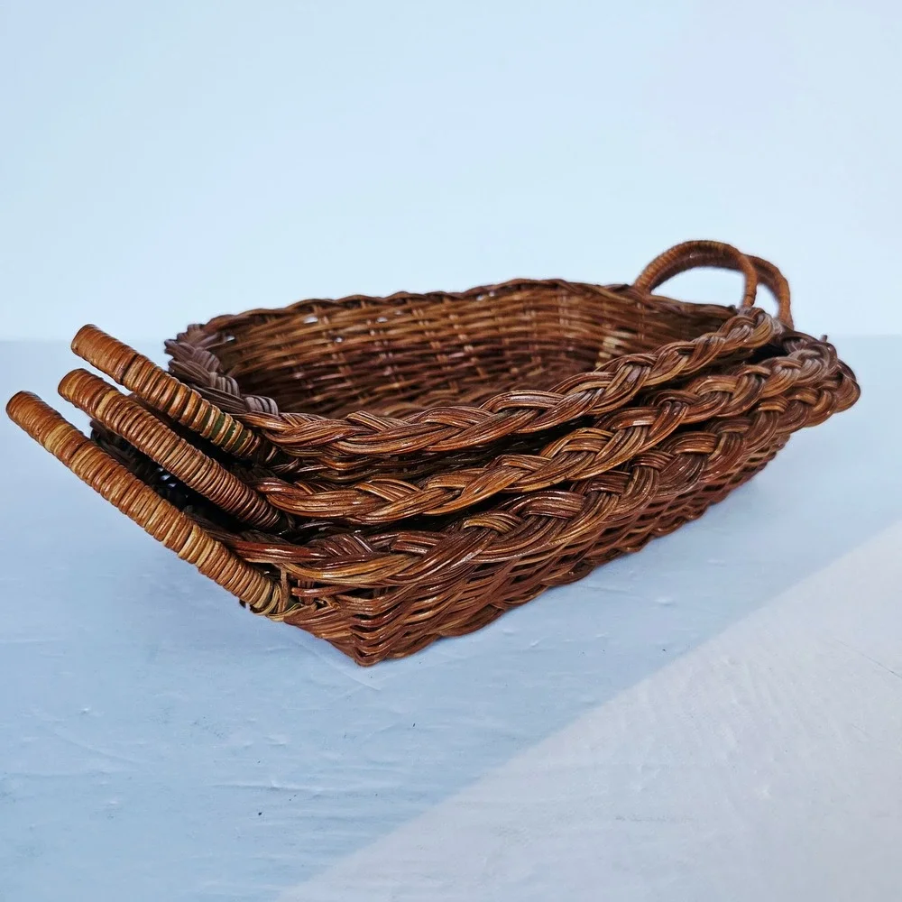 Vintage Nesting Wicker Baskets Set of 3 Braided Rim Rectangular Trays Boho Decor